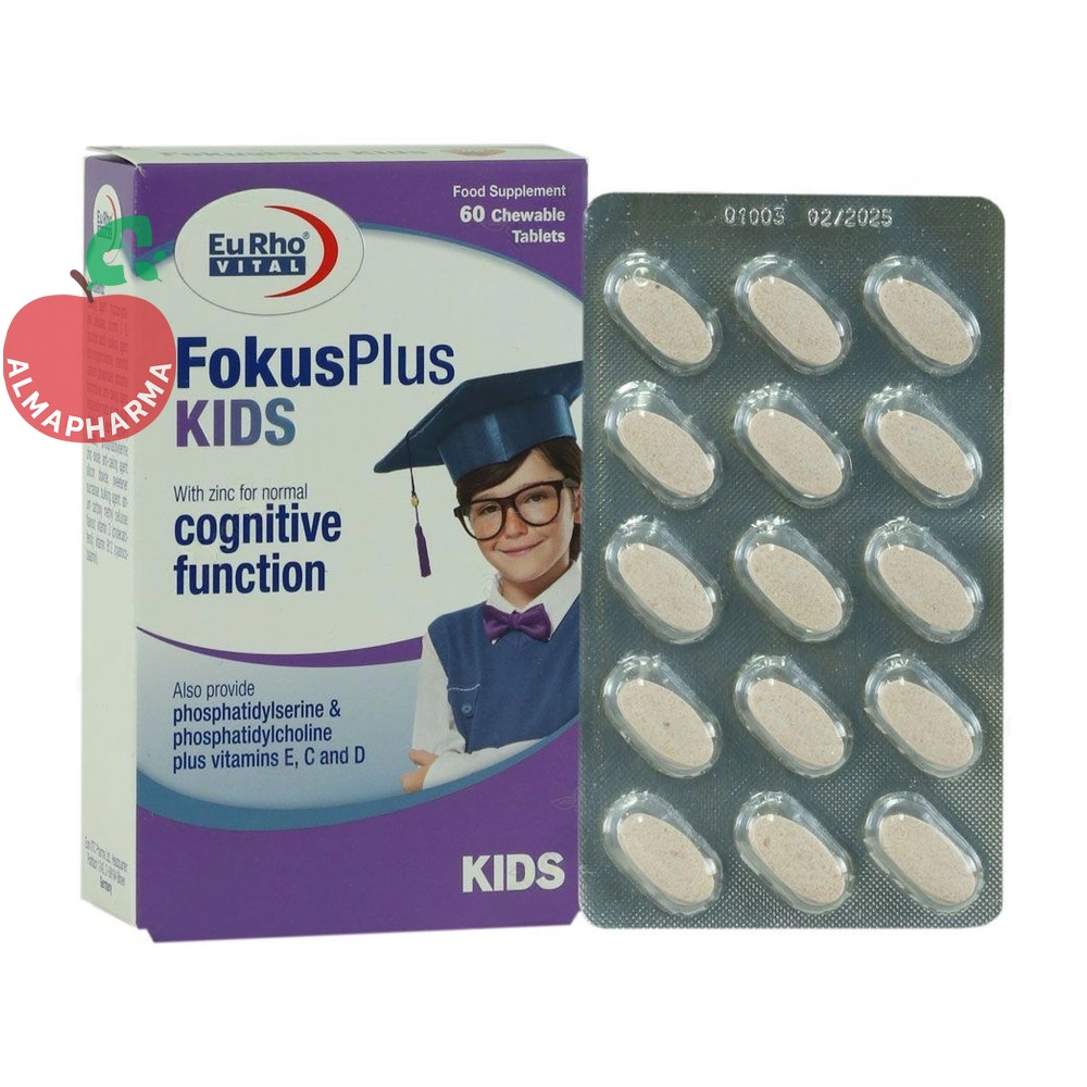 chewable-tablet-fokusplus-kids-01_almafarma قرص جویدنی فوکوس پلاس کیدز یوروویتال ۶۰ عددی طعم توتفرنگی - جعبه ۶۰ عددی - نمای جلو