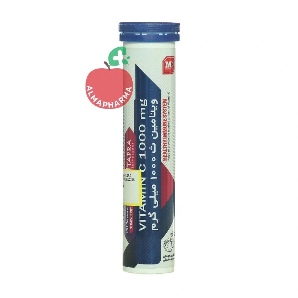 effervescent-tablet-vitamin-c-1000-mg-9474-01_almafarma قرص جوشان ویتامین C ۱۰۰۰ میلیگرم ویتاپرا ۲۰ عددی طعم پرتقال - قوطی ۲۰ عددی - نمای جلو