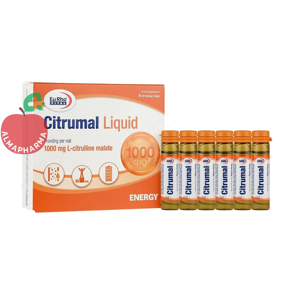 oral-solution-vial-citrumal-01_almafarma ویال خوراکی سیترومال ۱۰۰۰ میلیگرم یوروویتال ۶ عددی طعم پرتقال - جعبه ۶ عددی - نمای جلو