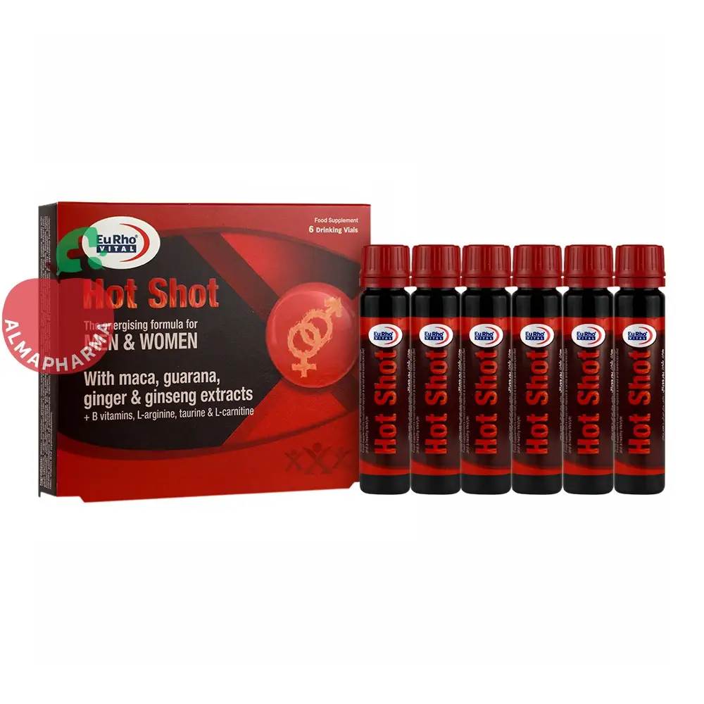 oral-solution-vial-hot-shot-30150-01-almapharma ویال خوراکی هات شات یوروویتال ۶ عددی - جعبه ۶ عددی - نمای جلو
