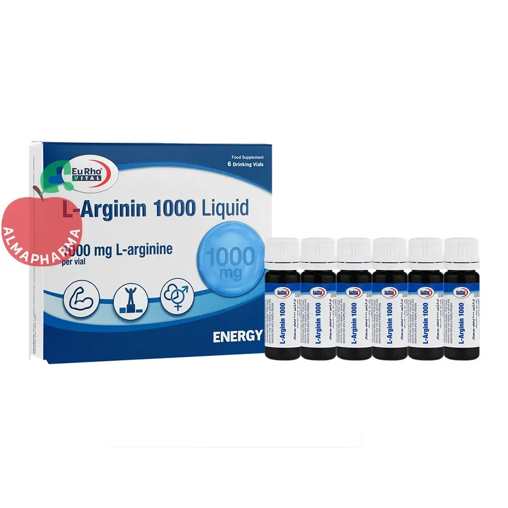 oral-solution-vial-l-arginin-1000-liquid-31049-01-almapharma ویال خوراکی ال-آرژینین ۱۰۰۰ لیکوئید یوروویتال ۶ عددی - جعبه ۶ عددی - نمای جلو