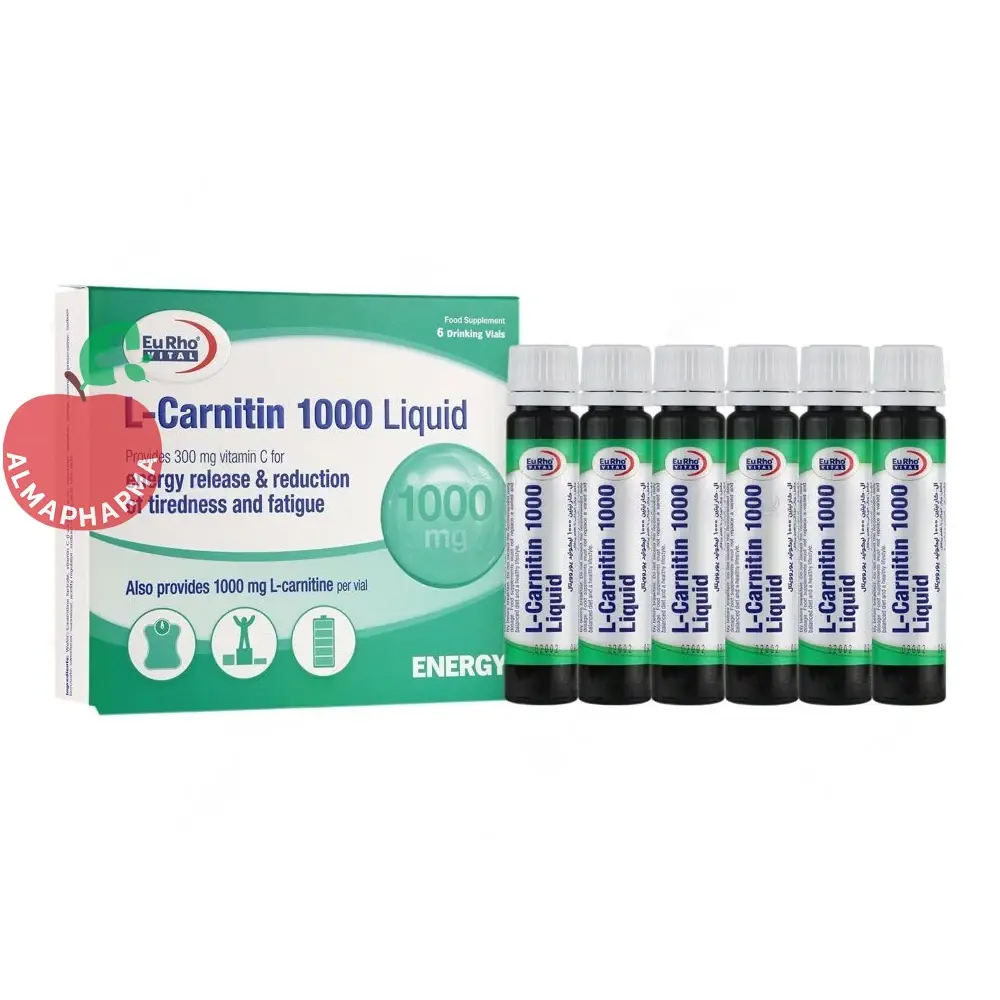 oral-solution-vial-l-carnitin-1000-liquid-27693-01-almapharma ویال خوراکی ال کارنیتین ۱۰۰۰ میلیگرم یوروویتال ۶ عددی - جعبه ۶ عددی - نمای جلو