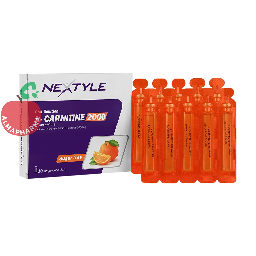 oral-solution-vial-l-carnitine-2000-oral-solution-01_almafarma ویال خوراکی ال کارنیتین ۲۰۰۰ میلیگرم نکستایل ۱۰ عددی - جعبه ۱۰ عددی - نمای جلو