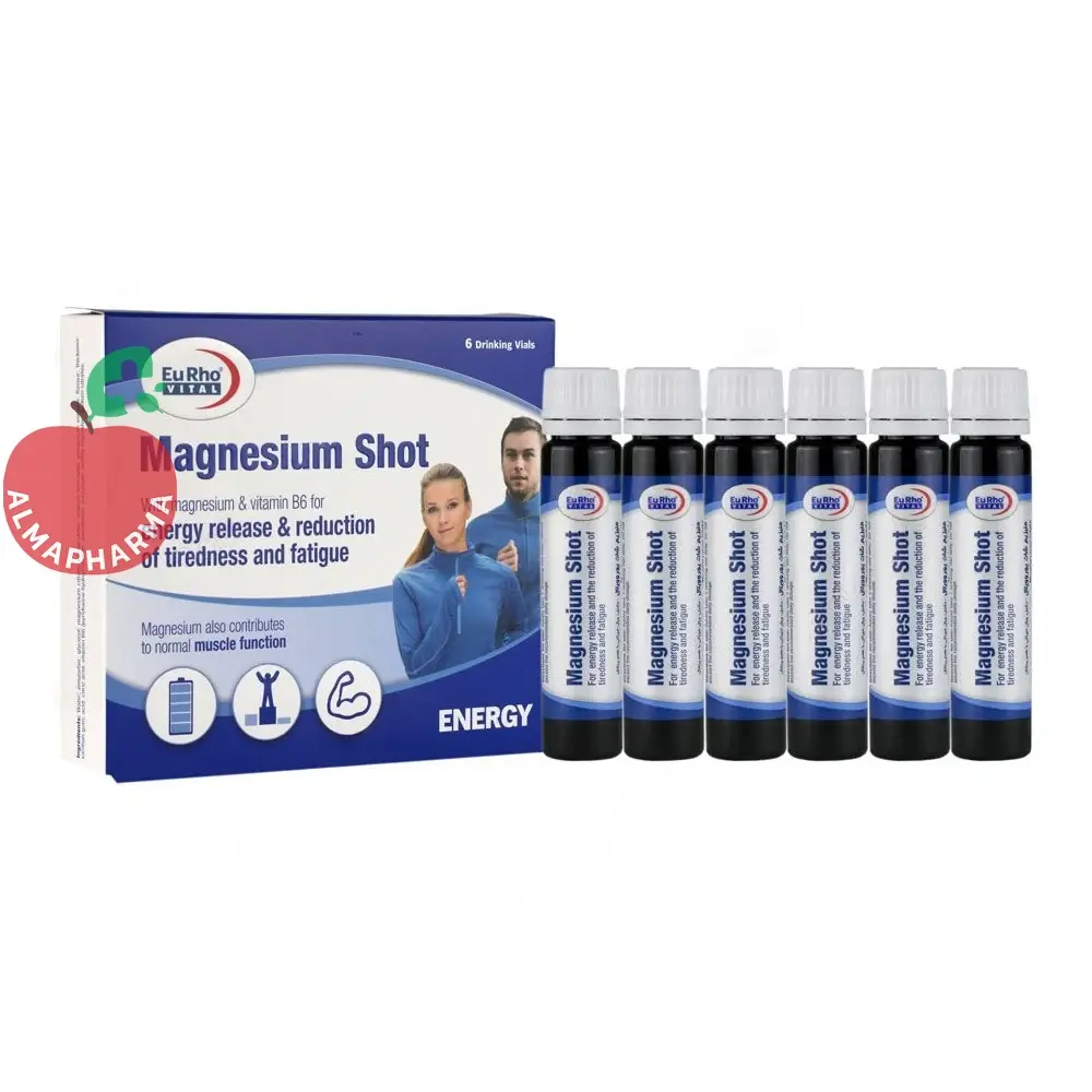 oral-solution-vial-magnesium-shot-27209-01-almapharma ویال خوراکی منیزیم شات یوروویتال ۶ عددی - جعبه ۶ عددی - نمای جلو