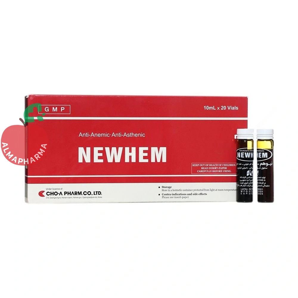 oral-solution-vial-newhem-8159-04_almafarma ویال خوراکی نیوهم چوا فارم ۲۰ عددی طعم آلبالو و کارامل - جعبه ۲۰ عددی - نمای جلو