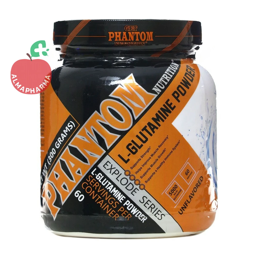 powder-l-glutamine-300-g-phantom-01_almafarma پودر ال گلوتامین فانتوم نوتریشن ۳۰۰ گرمی - قوطی ۳۰۰ گرمی - نمای جلو