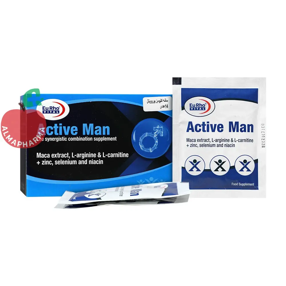 sachet-active-man-33641-01-almapharma ساشه اکتیو من یوروویتال ۱۴ عددی - جعبه ۱۴ عددی - نمای جلو