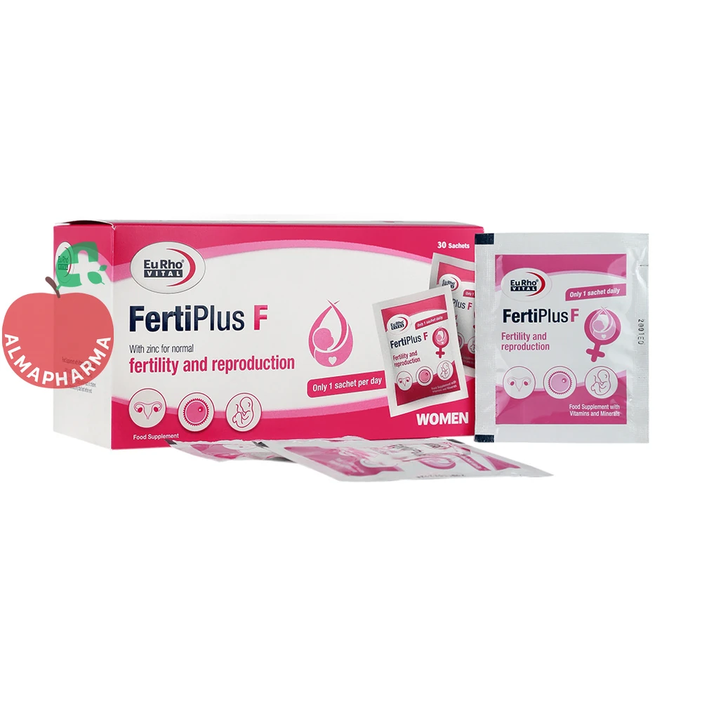 sachet-fertiplus-f-01_almafarma ساشه فرتی پلاس اف یوروویتال ۳۰ عددی طعم پرتقال - جعبه ۳۰ عددی - نمای جلو