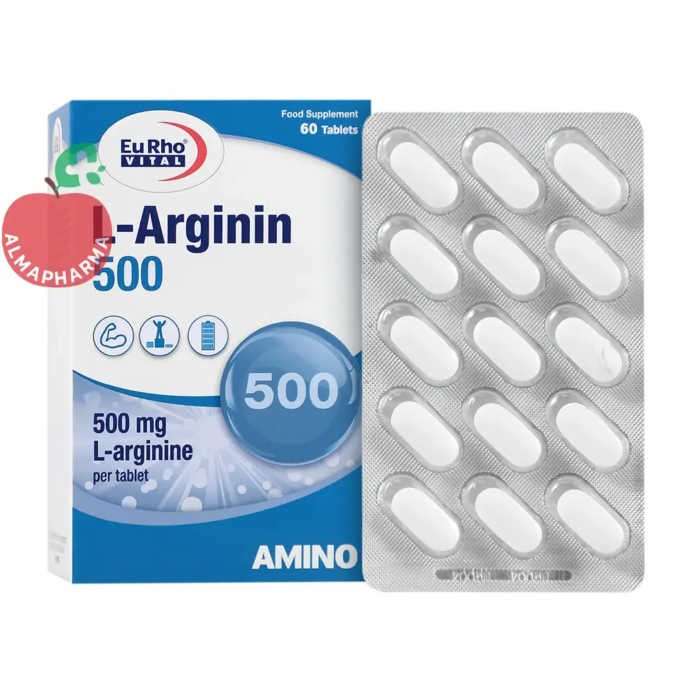 tablet-eurhovital-l-arginin-500-32865-01-almapharma قرص ال-آرژینین ۵۰۰ میلیگرم یوروویتال ۶۰ عددی - جعبه ۶۰ عددی - نمای جلو