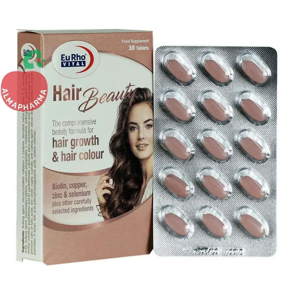 tablet-hair-beauty-24929-01-almapharma قرص هیر بیوتی یوروویتال ۳۰ عددی - جعبه ۳۰ عددی - نمای جلو
