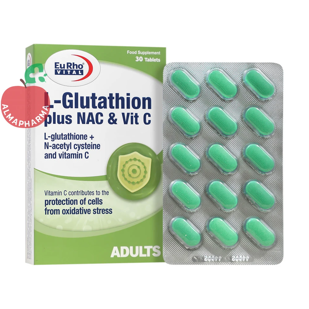 tablet-l-glutathion-plus-nac-and-vitamin-c-01_almafarma قرص گلوتاتیون سفیدکننده پوست ۳۰ عددی - جعبه ۳۰ عددی - نمای جلو