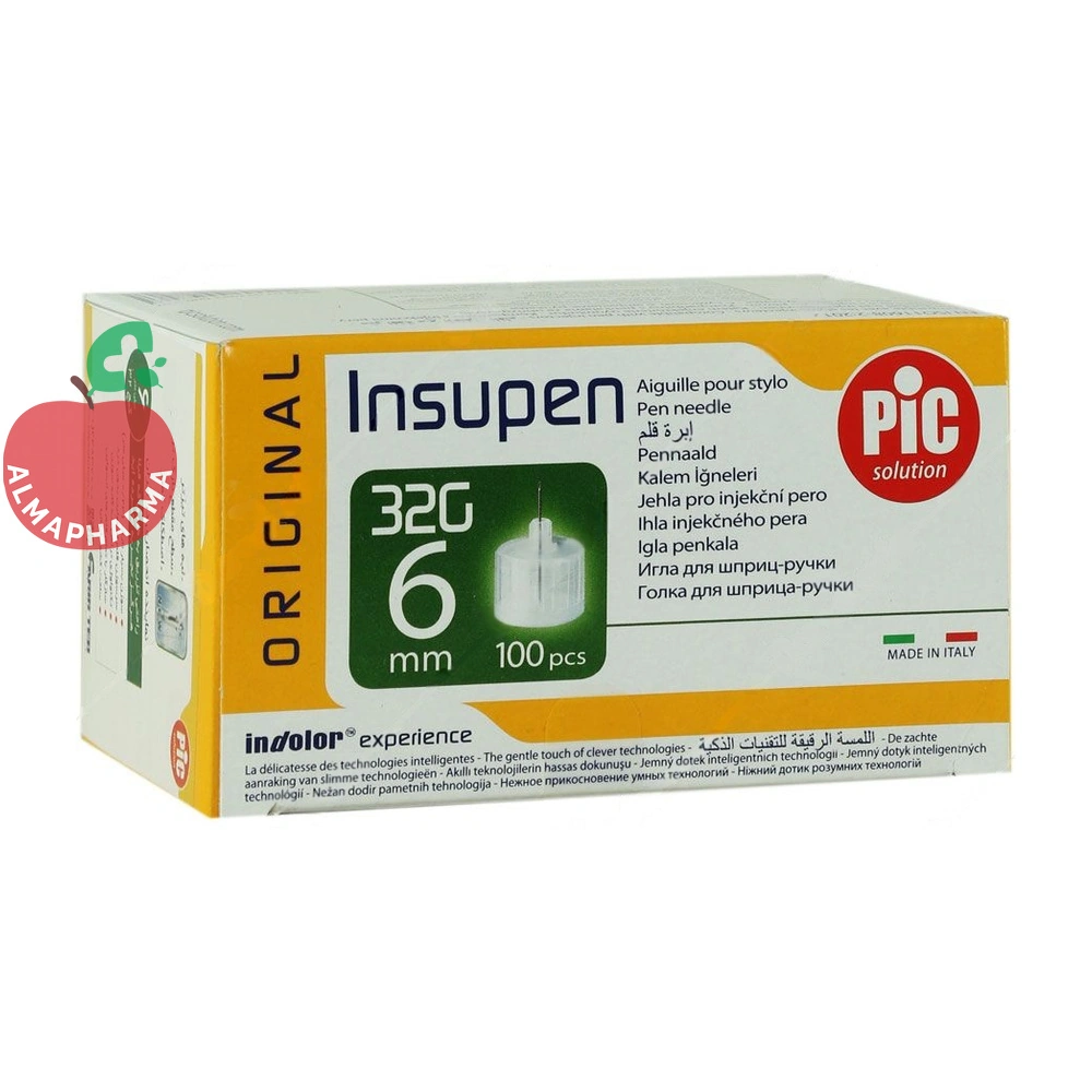 needle-insupen-pen-needle-6-mm-01_almafarma سر سوزن قلم انسولین ۶ میلیمتری پیک سلوشن ۱۰۰ عددی - نمای جلوی جعبه