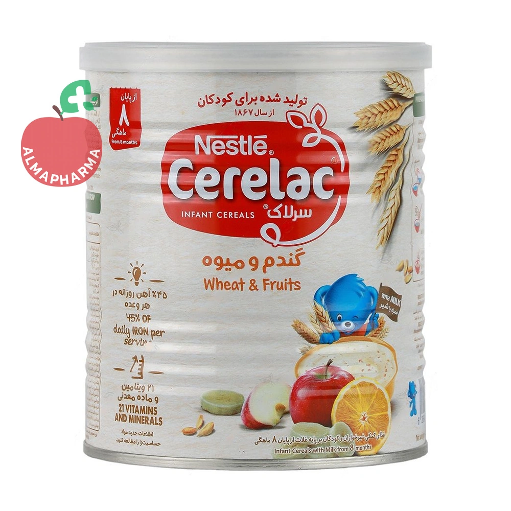 powder-cerelac-wheat-and-fruits-with-milk-4760-01_almafarma غذای کمکی سرلاک گندم و میوه به همراه شیر نستله ۴۰۰ گرمی - قوطی ۴۰۰ گرمی - نمای جلو