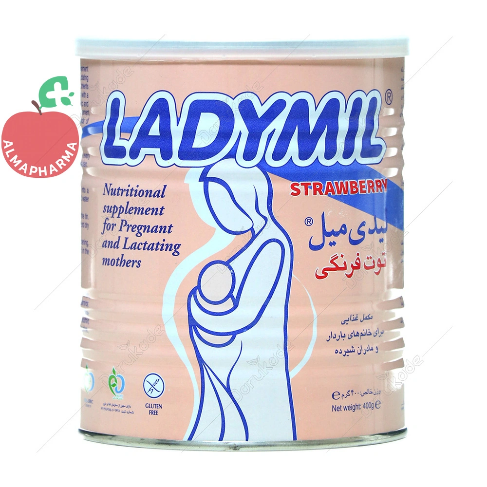 powder-ladymil-2683-01_almafarma پودر لیدی میل فاسبل ۴۰۰ گرمی طعم توت فرنگی - قوطی ۴۰۰ گرمی - نمای جلو