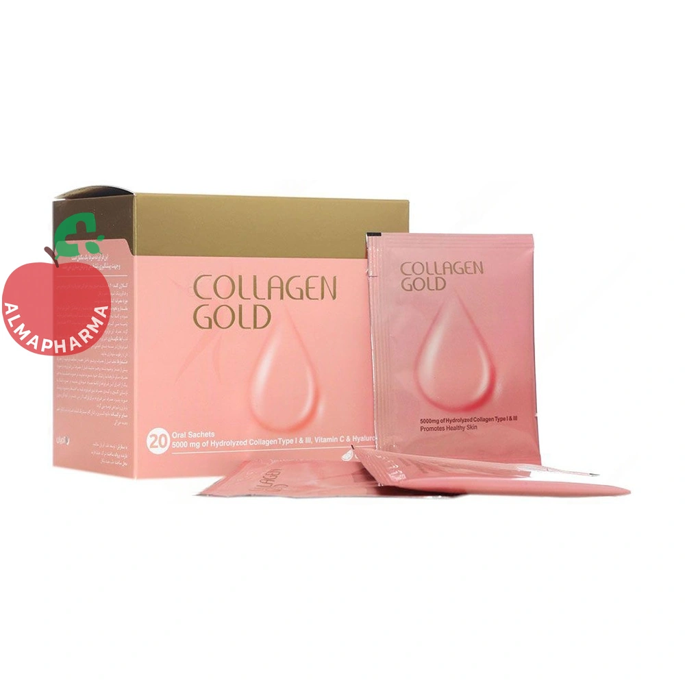sachet-collagen-gold-20-sachet-01_almafarma ساشه کلاژن گلد آدریان ۲۰ عددی طعم پرتقال - جعبه ۲۰ ساشه ۵۰۰۰ میلیگرمی - نمای جلو