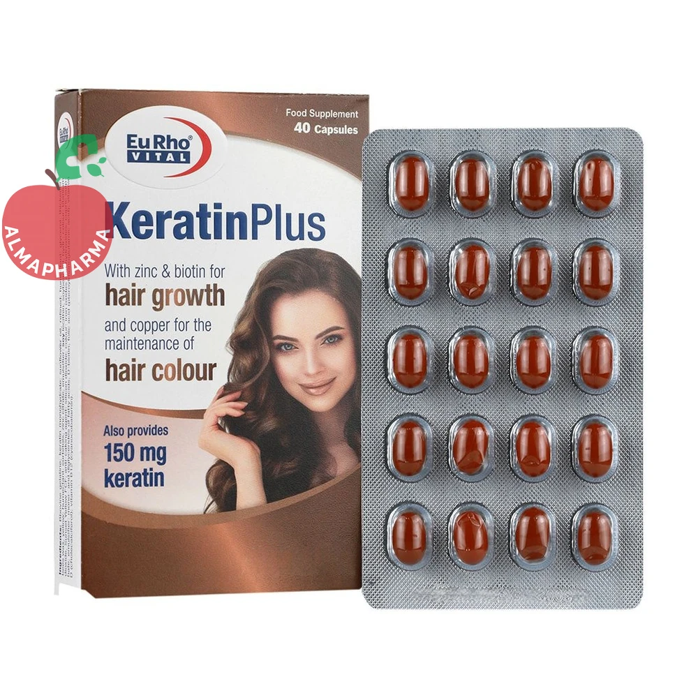 softgel-keratin-plus-30-capsules-01_almafarma کپسول ژلاتینی نرم کراتین پلاس یوروویتال 40 عددی - جعبه 40 عددی - نمای جلو