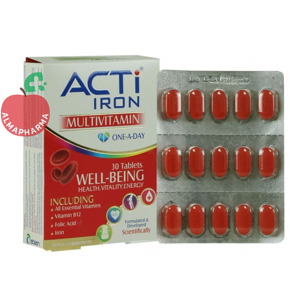 tablet-acti-iron-01_almafarma قرص اکتی آیرون ابیان دارو ۳۰ عددی - جعبه ۳۰ عددی - نمای جلو