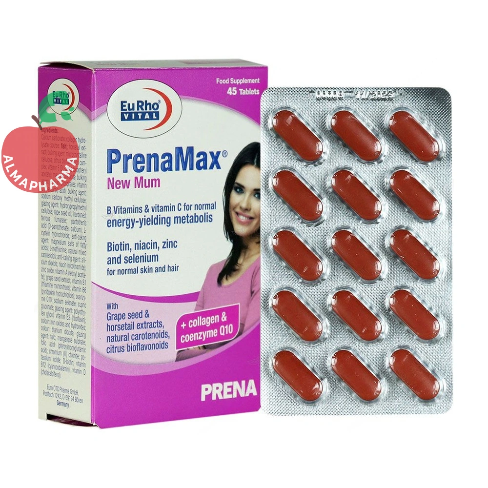 tablet-prenamax-new-mum-8595-01_almafarma قرص پرینامکس نیو مام یوروویتال ۴۵ عددی - جعبه ۴۵ عددی - نمای جلو