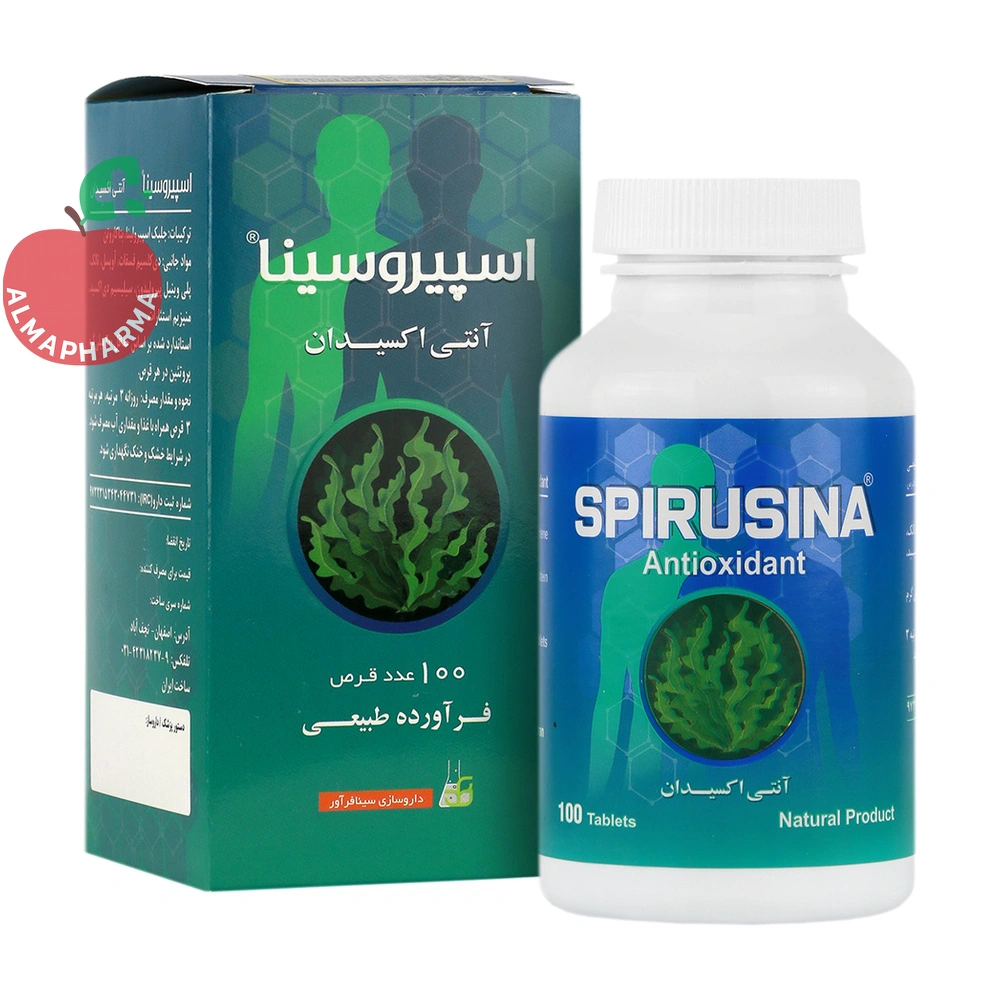 tablet-spirusina-01_almafarma قرص اسپیروسینا سینافرآور ۱۰۰ عددی - جعبه ۱۰۰ عددی - نمای جلو